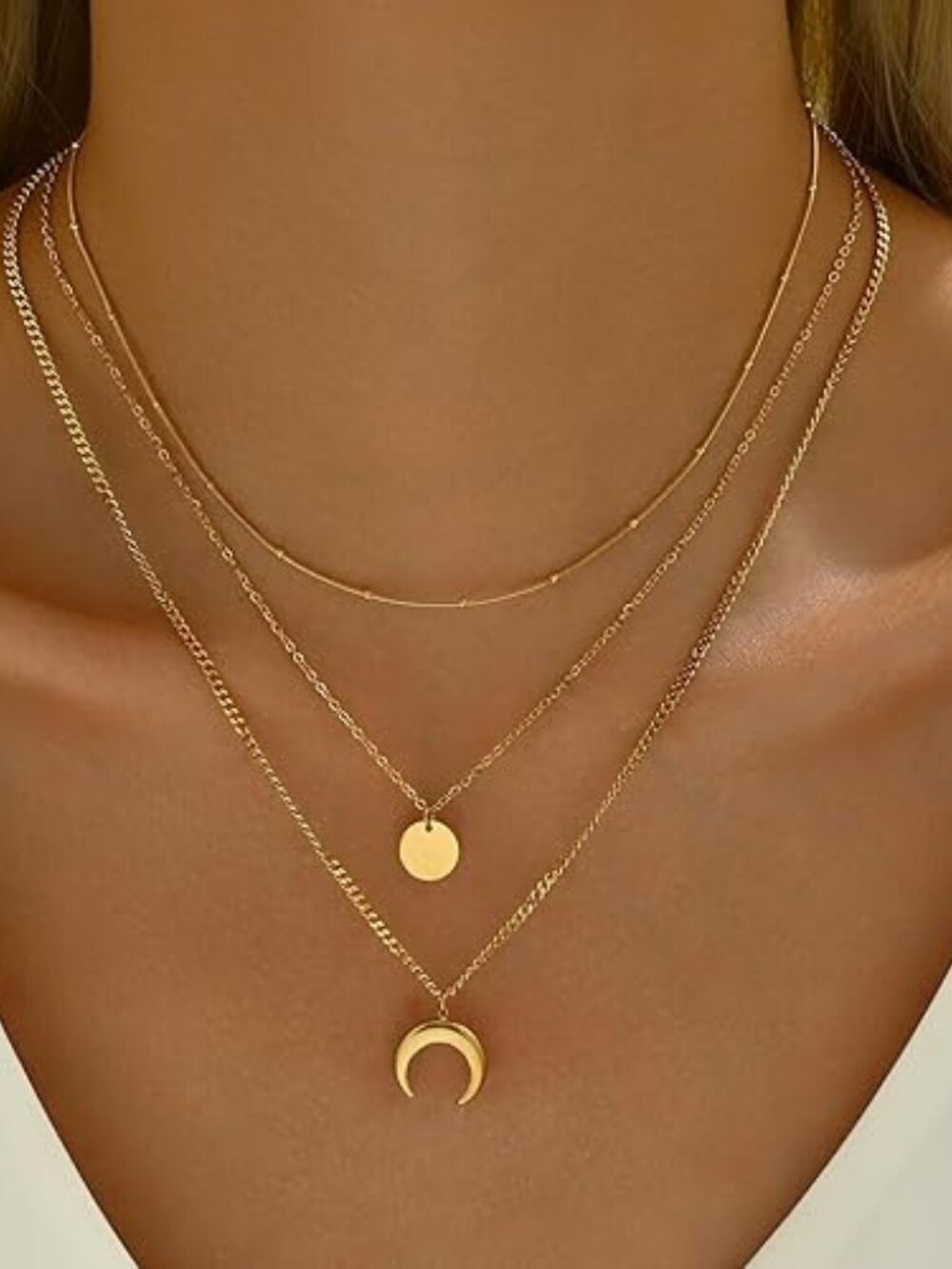 18K Gold Plated Layered Herringbone Necklace Set Moon Coin Pendant - Picture 5 of 6